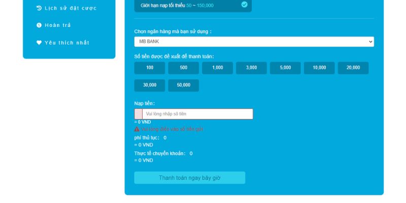 Nhập số tiền muốn nạp và thanh toán